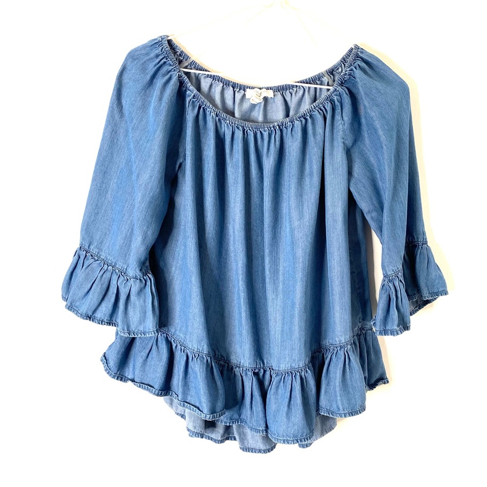 beachlunchlounge Blue Chambray Off-Shoulder Crop Sleeve Top